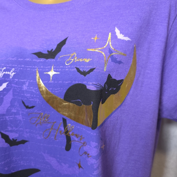 Witch TShirt Size 2x Moon Bat Cat Gold Foil Halloween All Hallows Eve Whimsigoth - Picture 3 of 5